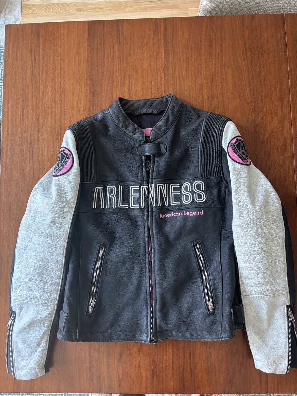 Arlen Ness Black & White Leather Motorcycle Jacket with Pink Accents